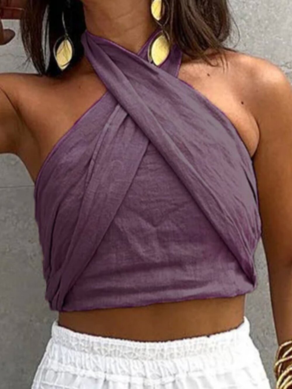 Commense Cotton & Line Crisscross Halter Fitted Tank Top XL